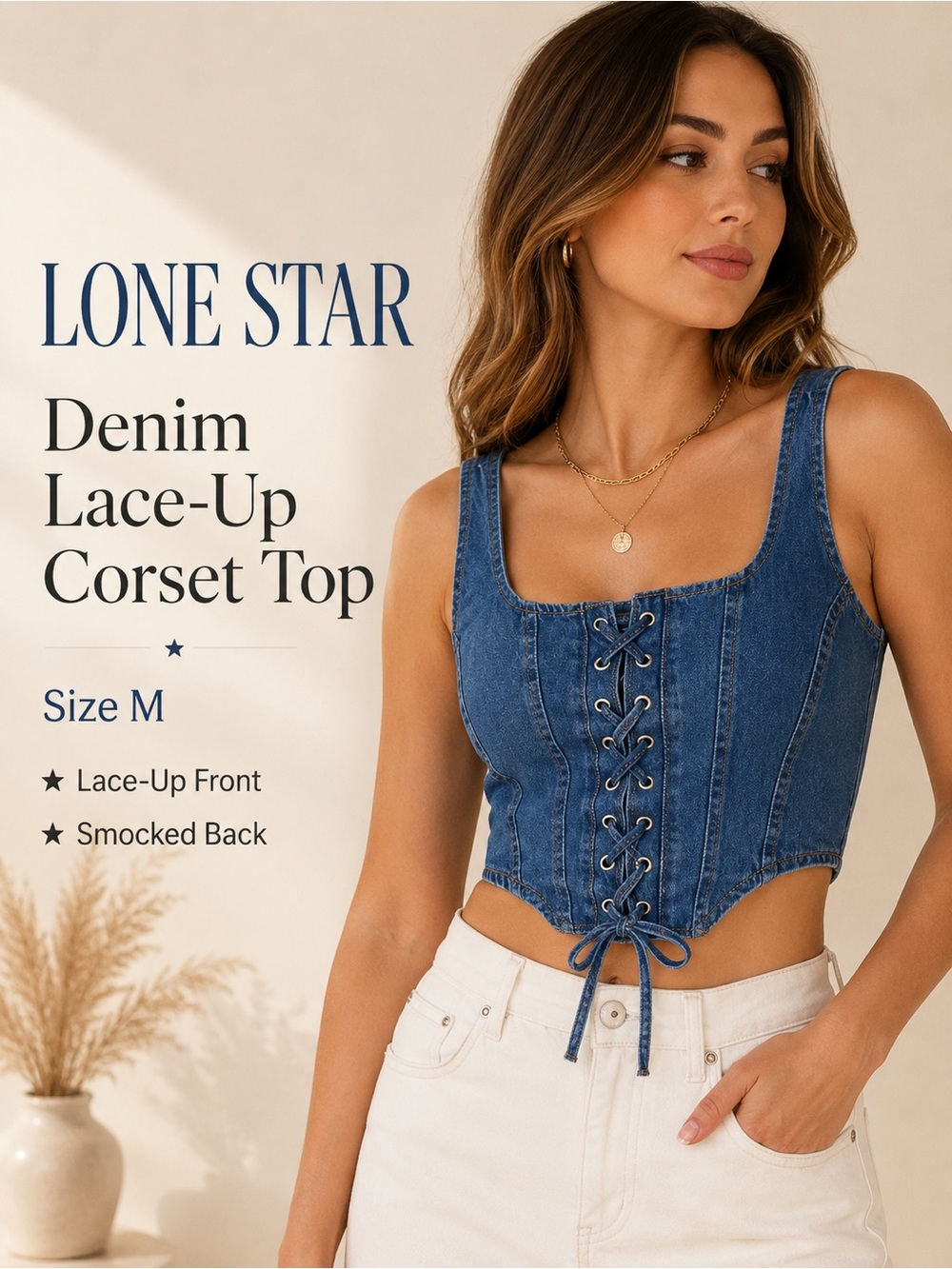Lone Star Denim Lace-Up Corset Crop Top Size M Smocked Back Y2K Western